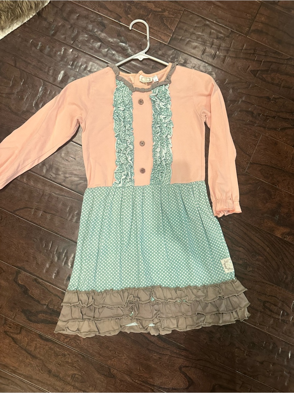Girls Pink and Mint Dot Ruffle Long-Sleeve Dress